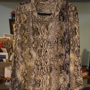 Daniel Rainn Snake-Print V-Neck Long-Sleeve Blouse- Neutral Tones